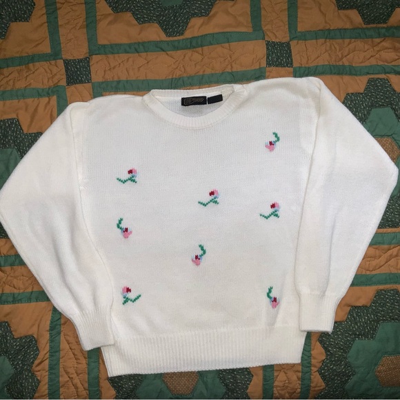 Vintage Sweaters - vintage 90s east west fashions White floral sweater large
